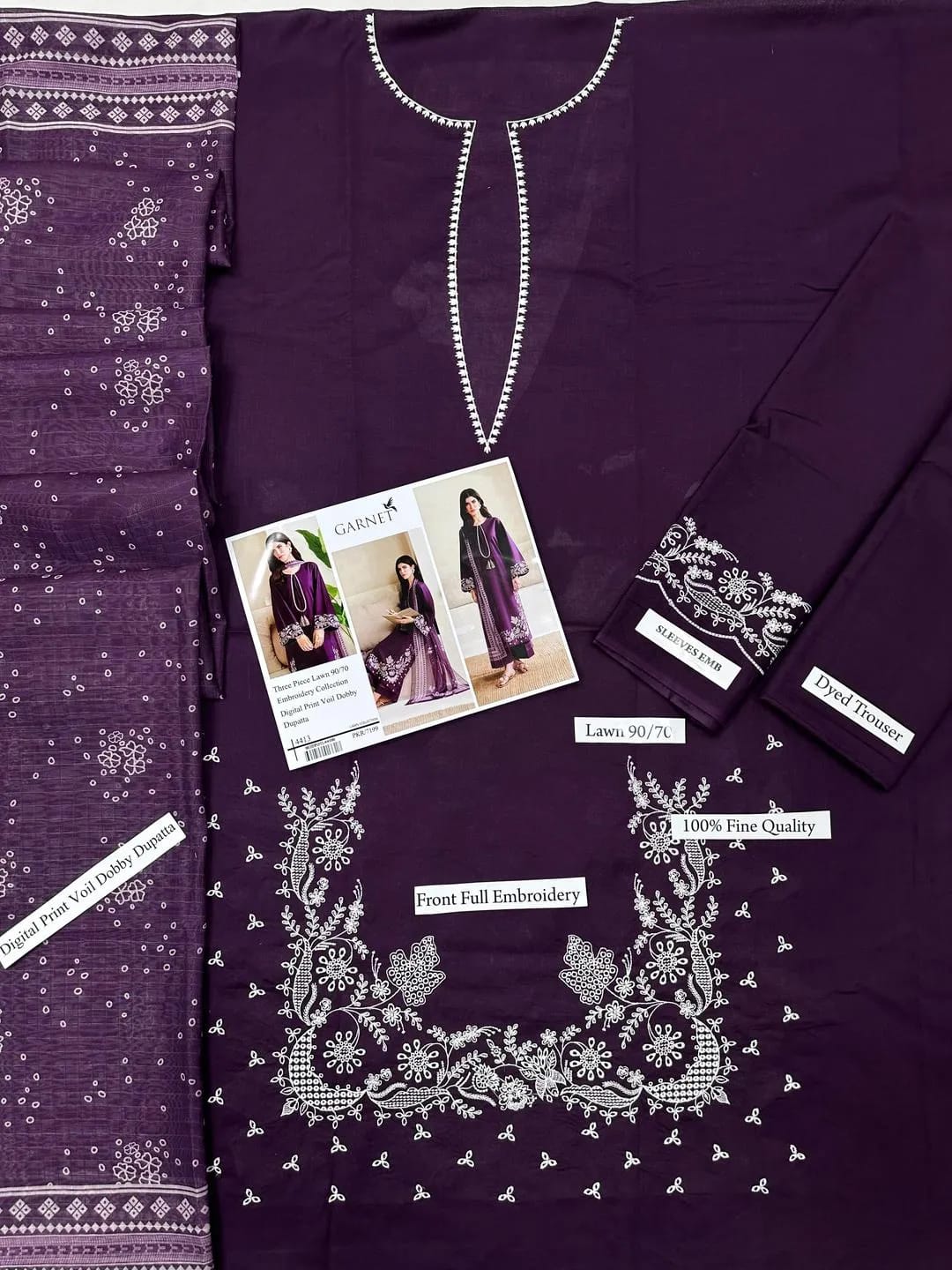 Garnet Lawn 9070 Embroidered 3 Piece Suit with Digital Print Dobby Dupatta – Purple