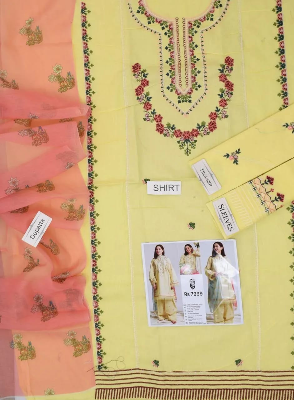 Unstitched 3 Piece Embroidered Lawn Suit – Yellow Eid Party Wear for Women