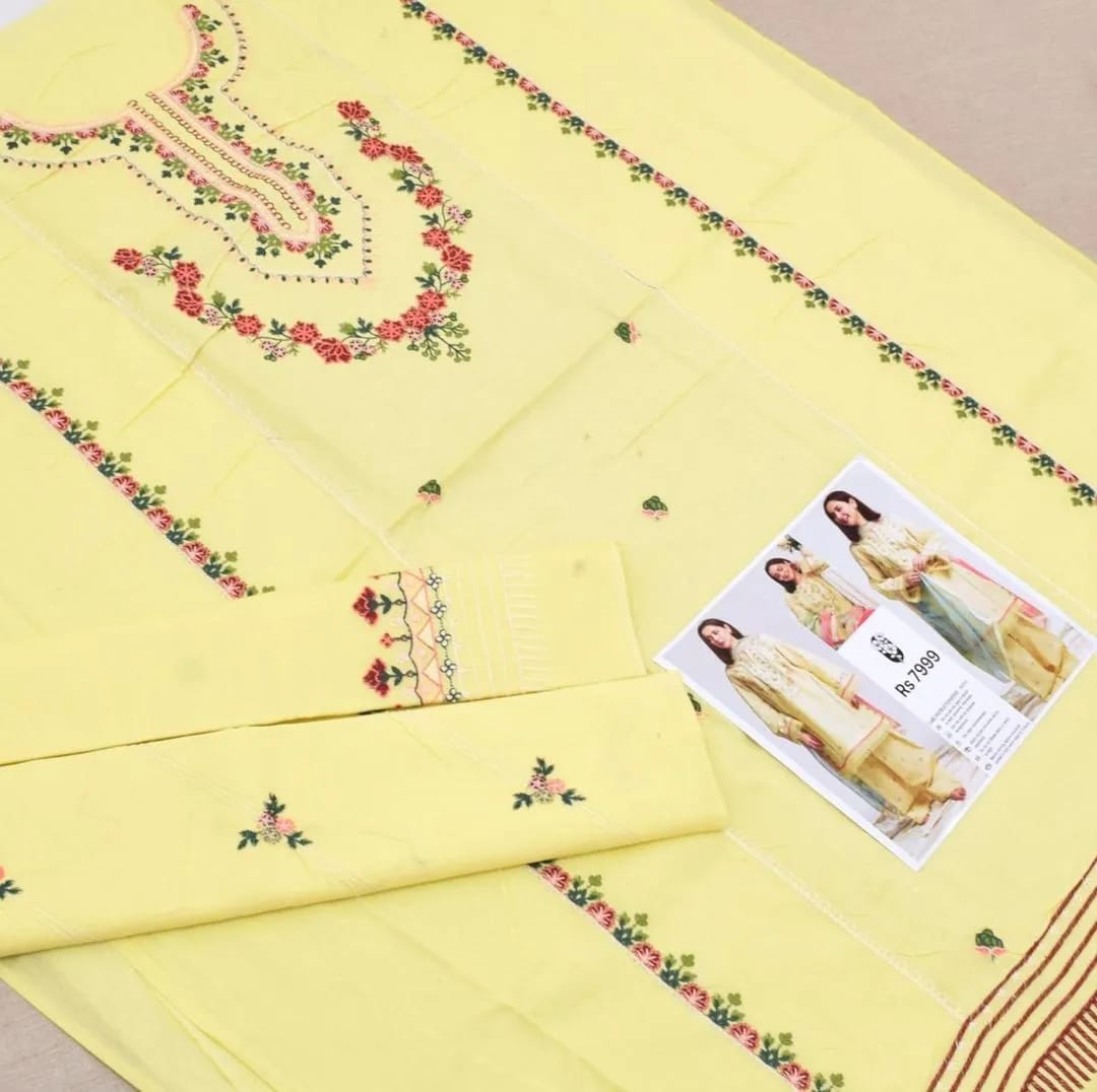 Unstitched 3 Piece Embroidered Lawn Suit – Yellow Eid Party Wear for Women