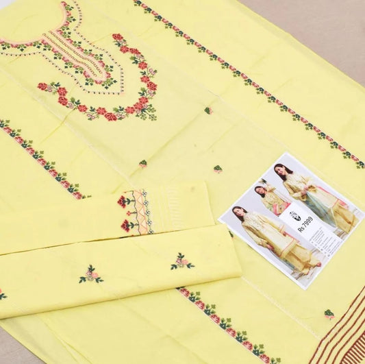 Unstitched 3 Piece Embroidered Lawn Suit – Yellow Eid Party Wear for Women