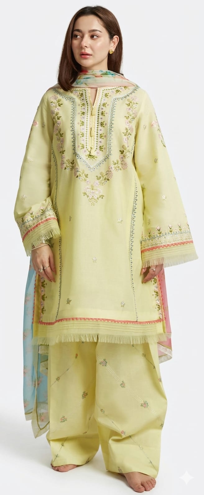 Unstitched 3 Piece Embroidered Lawn Suit – Yellow Eid Party Wear for Women