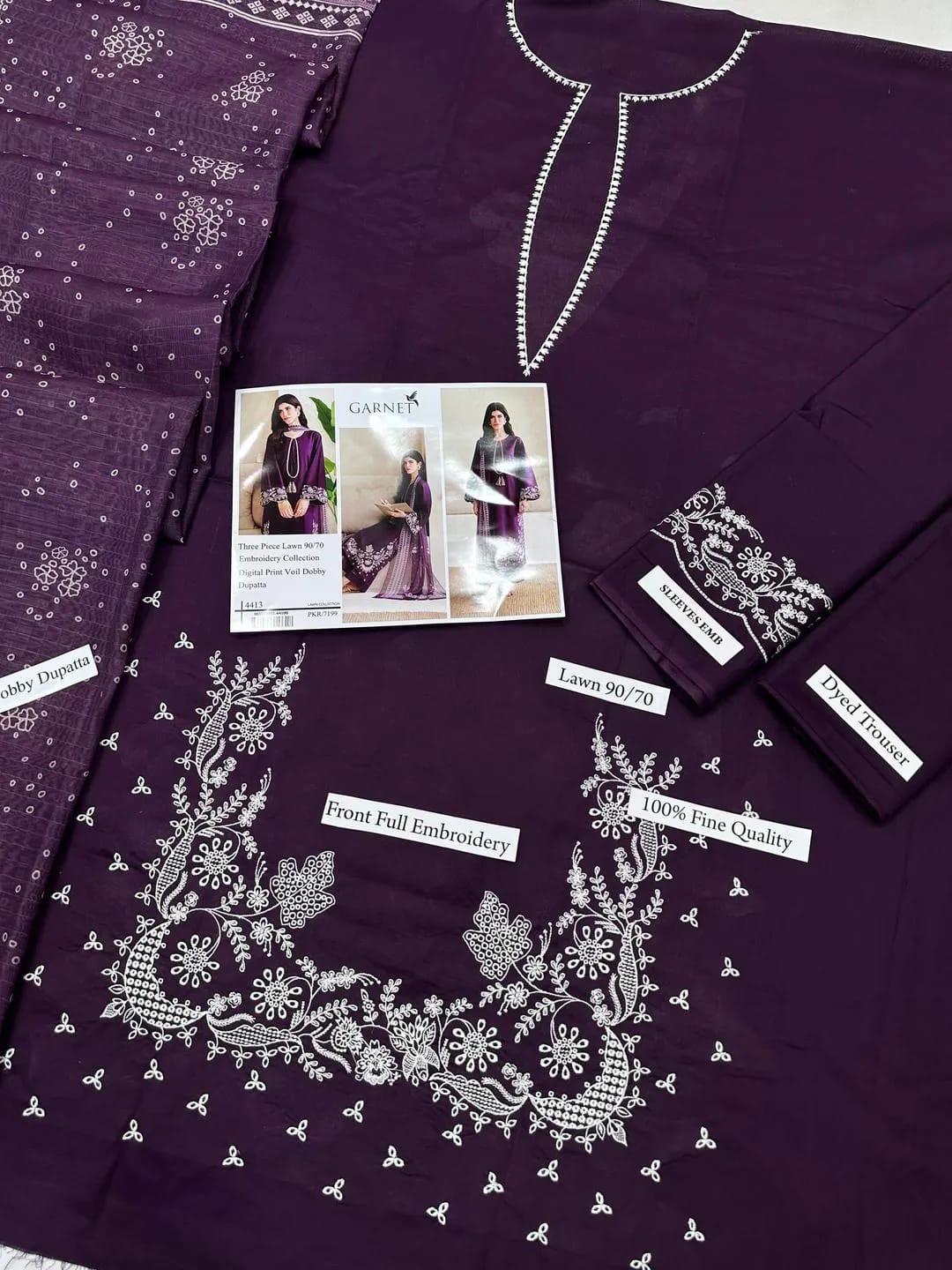 Garnet Lawn 9070 Embroidered 3 Piece Suit with Digital Print Dobby Dupatta – Purple