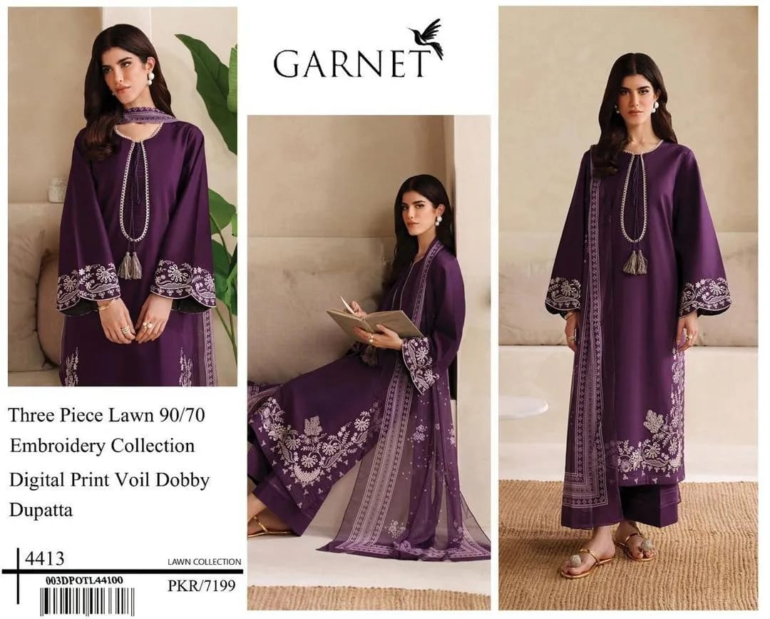Garnet Lawn 9070 Embroidered 3 Piece Suit with Digital Print Dobby Dupatta – Purple