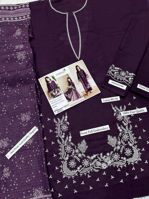 Garnet Lawn 9070 Embroidered 3 Piece Suit with Digital Print Dobby Dupatta – Purple