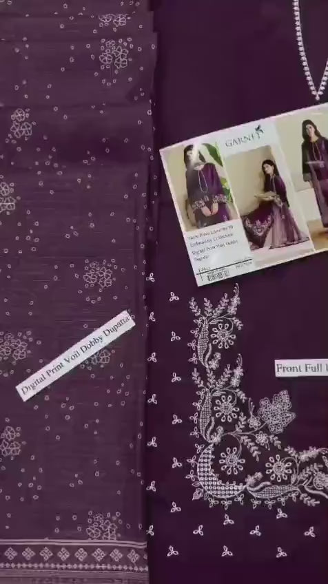 Garnet Lawn 9070 Embroidered 3 Piece Suit with Digital Print Dobby Dupatta – Purple